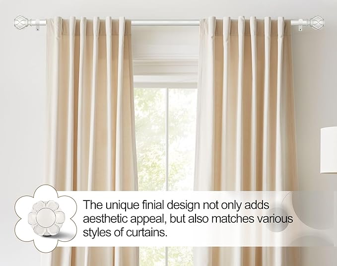 KAMANINA Curtain Rods for Windows 48 to 84 Inch, White Single Heavy Duty Curtain Rod Adjustable, 7/8 Inch Decorative Drapery Rod 32 to 86 Inch(2.6-7.1Ft), Netted Texture End