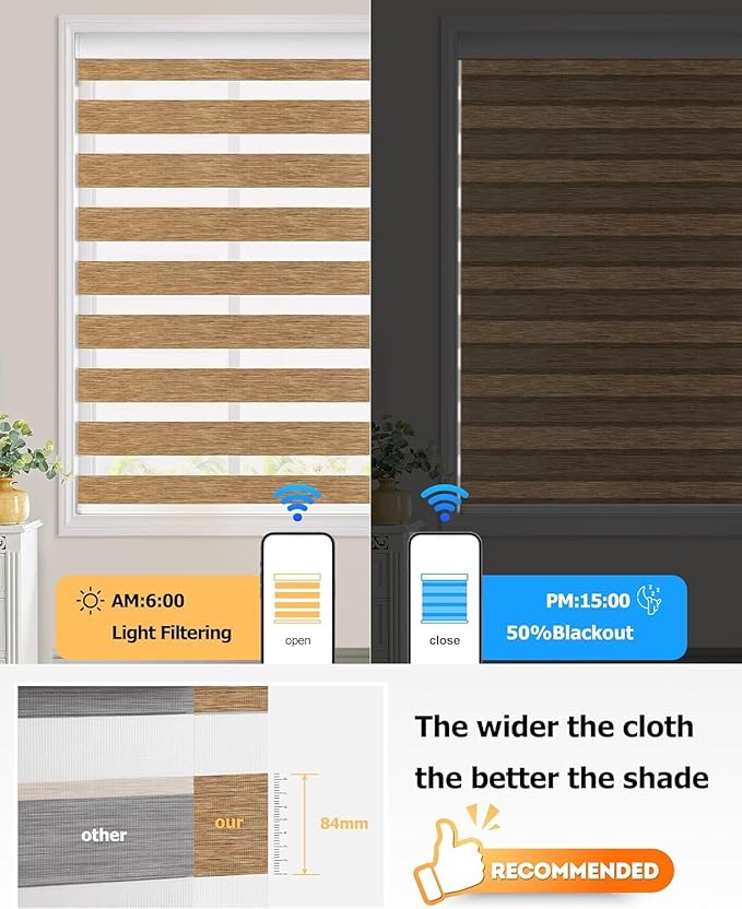 LazBlinds Motorized Zebra Roller Shades, Rechargeable Smart Blinds with Remote Control, Custom Size Light Filtering Dual Layer Roller Sheer Shades, Brown Linen