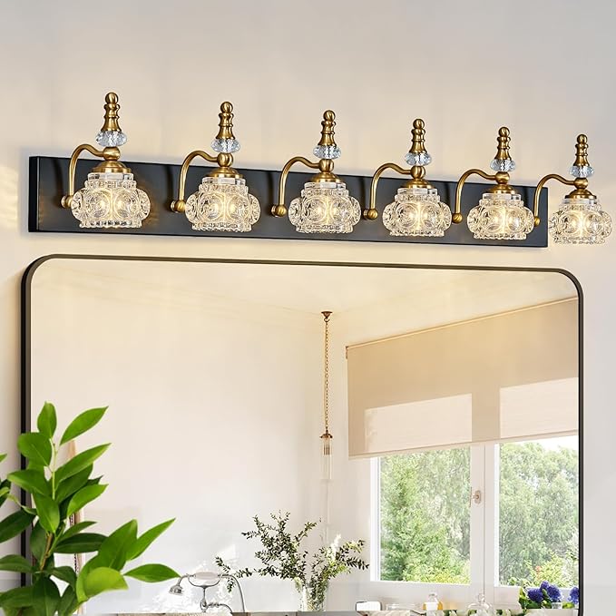 6-Light Vintage Bathroom Vanity Light Fixture Industrial Black Gold with Glass Shade Vanity Light Fixtures Over Mirror Glass Bathroom Vanity Lighting Fixtures G9 Bulb Wall Lights