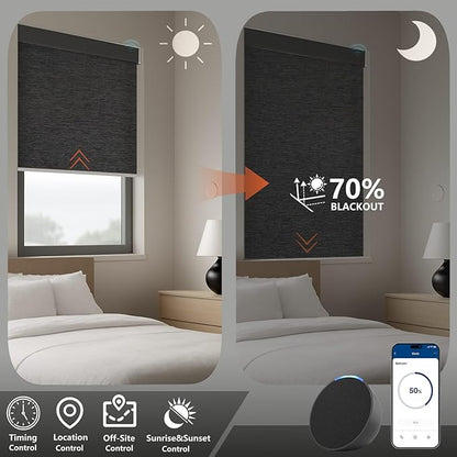 Smart Motorized Blinds – 70% Blackout Roller Shades with Remote, Alexa/Google Home/Siri Control, Matter Compatible, Wireless Rechargeable Battery, Custom Sizes for Windows & Sliding Doors