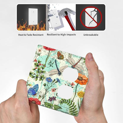 Dragonflies Flowers Butterfly 2 Gang 1 Outlet 1 Blank Outlet Light Switch Cover Decorative Wall Plate Cover For Home Living Bedroom Kitchen Decorative