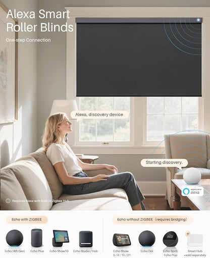 Smart Roller Shades for Windows, Alexa Blackout Motorized Blinds with Remote Control, Easy Install Automatic Electric Blinds for Indoor (27" W x 72" H, Black)