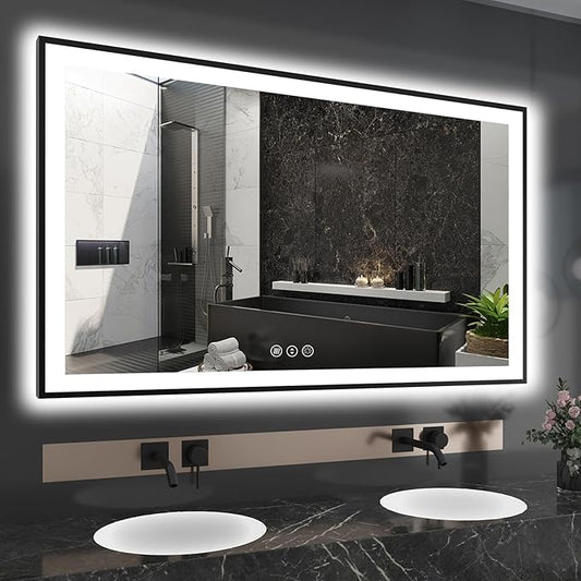60x36 LED Mirror for Bathroom - Black Aluminum Framed (Front and Backlit),Anti-Fog Stepless 3 Colors Dimmable Lighted Smart Bathroom Mirror with Lights(Horizontal/Vertical)