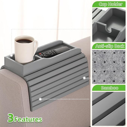 GEHE Couch Cup Holder, Anti Falling Couch Drink Holder, Natural Bamboo Sofa Cup Holder Armrest Tray, More Safe for You Family, Portable Couch Arm Tray Table for Remote/Snacks/Cellphone/Drinks/Cup
