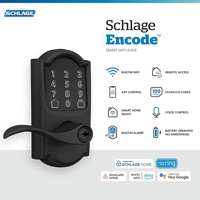 Schlage FE789WB CAM 622 Acc Encode WiFi Accent Lever Smart Lock, Keyless Entry Touchscreen Door Lock with Camelot Trim, Matte Black