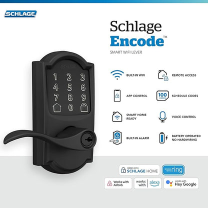 Schlage FE789WB CAM 622 Acc Encode WiFi Accent Lever Smart Lock, Keyless Entry Touchscreen Door Lock with Camelot Trim, Matte Black