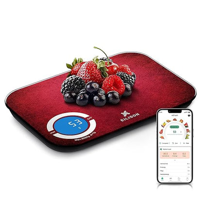 EILISON Smart Kitchen Scale with Bluetooth App, High-Precision Digital Food Scale for Baking, Cooking & Diet, 8000 Food Database, 24 Nutrients, Touchscreen, Tare Function, 5g-8000g Capacity (Red)