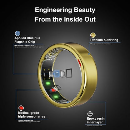 Smart Ring for Women Men- Sleep/Fitness/Stress/Heart Rate Tracker- Menstrual Records - 7 Days Battery Life - Wireless Charging - No APP Subscription - iOS & Android Compatible (Gold, Size 9)
