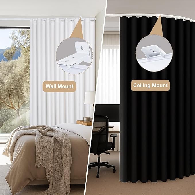 Aluminum Ceiling Curtain Track Set with Hooks Ceiling Mount and Wall Mount Room Divider Sliding Curtain Tracks Rods Flexible Heavy Duty Curtain Rail Hook Sets,White,12FT