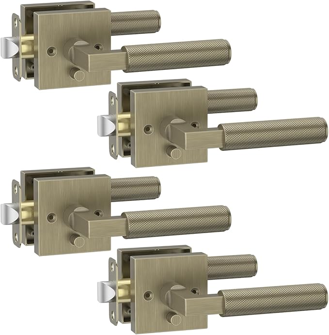 Asidrama 4 Pack Brushed Antique Brass Privacy Door Handles, Door Lever with Door Knobs Indoor for Bedroom or Bathroom, Heavy Duty Door Handles Interior with Locks for Left Right Sided Doors