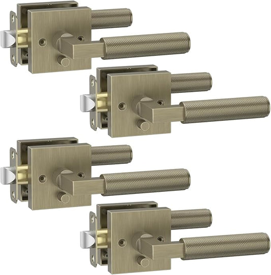 Asidrama 4 Pack Brushed Antique Brass Privacy Door Handles, Door Lever with Door Knobs Indoor for Bedroom or Bathroom, Heavy Duty Door Handles Interior with Locks for Left Right Sided Doors
