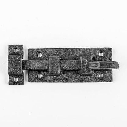 Renovators Supply Manufacturing Black Slide Bolt Door Latch 3 7/8 in. Long Wrought Iron Metal Surface Sliding Bolts with Catch for Cabinet Doors Rust Resistant Security Locks with Hardware Pack of 2