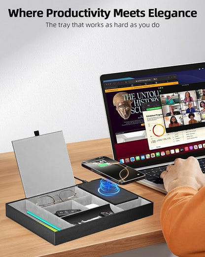 Valet Tray with Wireless Charger, Nightstand Organizer, Leather Desk Drawer Organizer Tray with 7 Compartments for Jewelries, Watch, Key, Wallet, Phone, Black