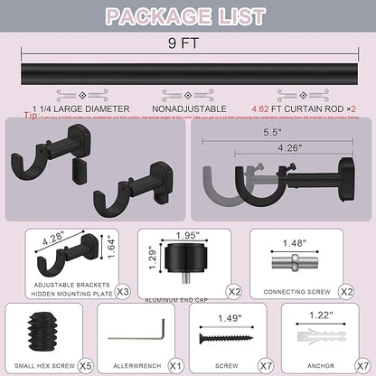 Heavy Duty Curtain Rods,1 1/4" Large Diameter Premium Nonadjustable Curtain Rod,108in/9ft Custom Window Treatment Rods with Durable Aluminum Brackets and End Caps,Black Finish