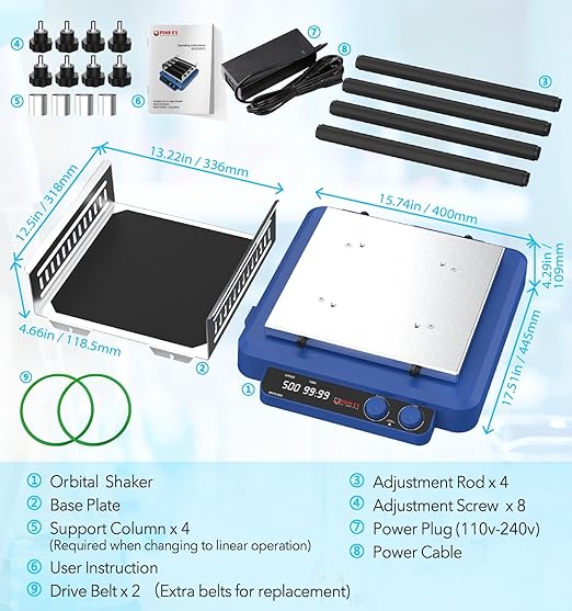 FOUR E'S SCIENTIFIC Orbital and Linear Shaker, 20-500 RPM Lab Orbital Rotator Shaker with Brushless DC Motor, Max. Load Capacity 7.5 KG