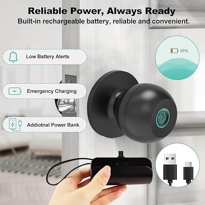 Fingerprint Door Lock, Smart Door Knob, Keyless Entry Door Lock with App Control, Thumbprint Door Knob with Extra Power Bank, Suitable for Home, Apartments, Office - Matte Black