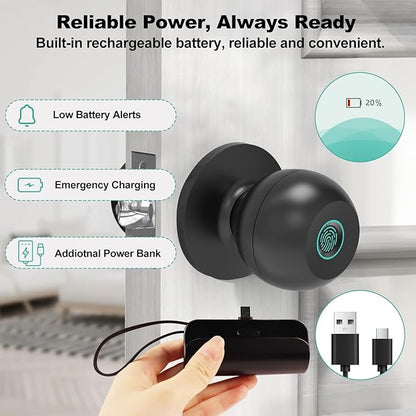 Fingerprint Door Lock, Smart Door Knob, Keyless Entry Door Lock with App Control, Thumbprint Door Knob with Extra Power Bank, Suitable for Home, Apartments, Office - Matte Black