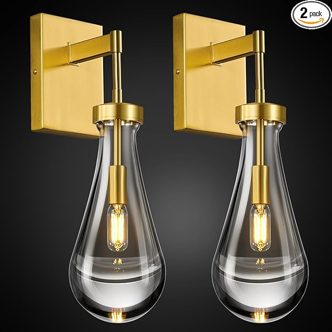 Raindrop Wall Sconces Set of Two Gold Sconces Wall Decor Modern Wall Lighting Glass Bathroom Sconces Indoor Vanity Light Wall Lamp for Bedroom Living Room Stair