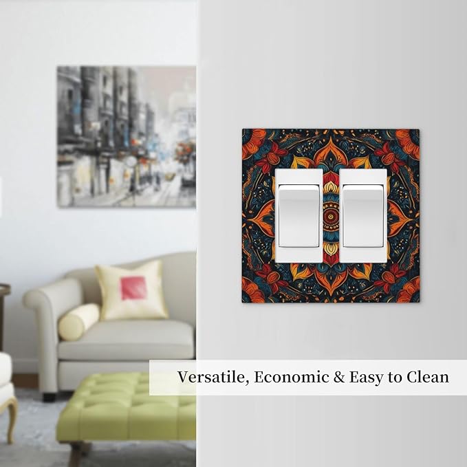Boho Colorful Mandala Outlet Covers Light Switch Cover Plate 2 Gang Double Rocker Wall Plates Decorative Switch Plates Plug Cover Electrical GFCI Receptacle Cover for Home 4.9 X 5 IN