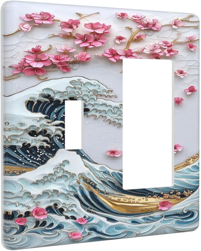 Outlet Covers The Great Wave Off Kanagawa With Sakura 1 Toggle 1 Rocker Combination Decorative Wall Plate Electrical Switch Plates Light Switch Cover Plate for Bedroom Bathroom Decor