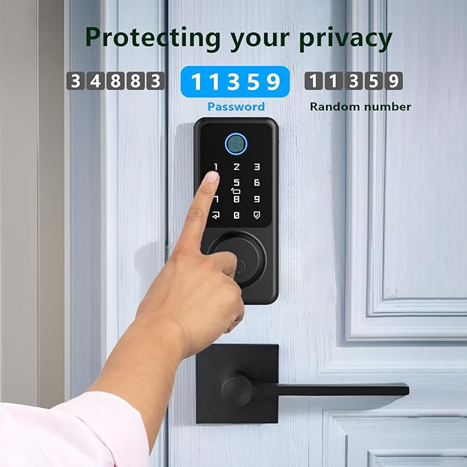 Smart Door Lock Set, Fingerprint Door Lock with Lever Handle, Black Keyless Entry Lock with App, Keypad Deadbolt for Home