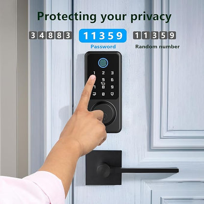 Smart Door Lock Set, Fingerprint Door Lock with Lever Handle, Black Keyless Entry Lock with App, Keypad Deadbolt for Home