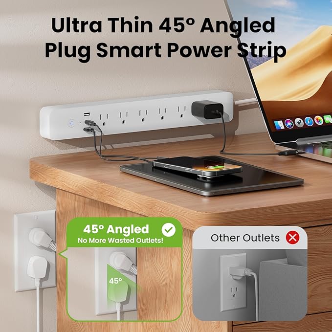 GHome Smart Power Strip 15A, 2.4G WiFi Smart plugs that work with Alexa & Google Home, Surge Protector Flat Plug with 6 APP Control WiFi outlets, FCC Listed, 7.18 ft flat extension cord, No Hub Needed