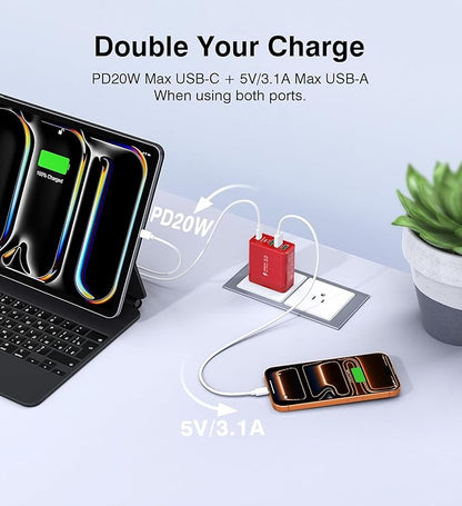 [2-Pack] USB C Wall Charger, 60W Fast USB C Charger Block, 5-Port PD Power Adapter + QC Wall Plug Multiport Type C Charging Block Cube Compatible with iPhone 17 16 15 14 13 12 Pro Max XR XS, Red