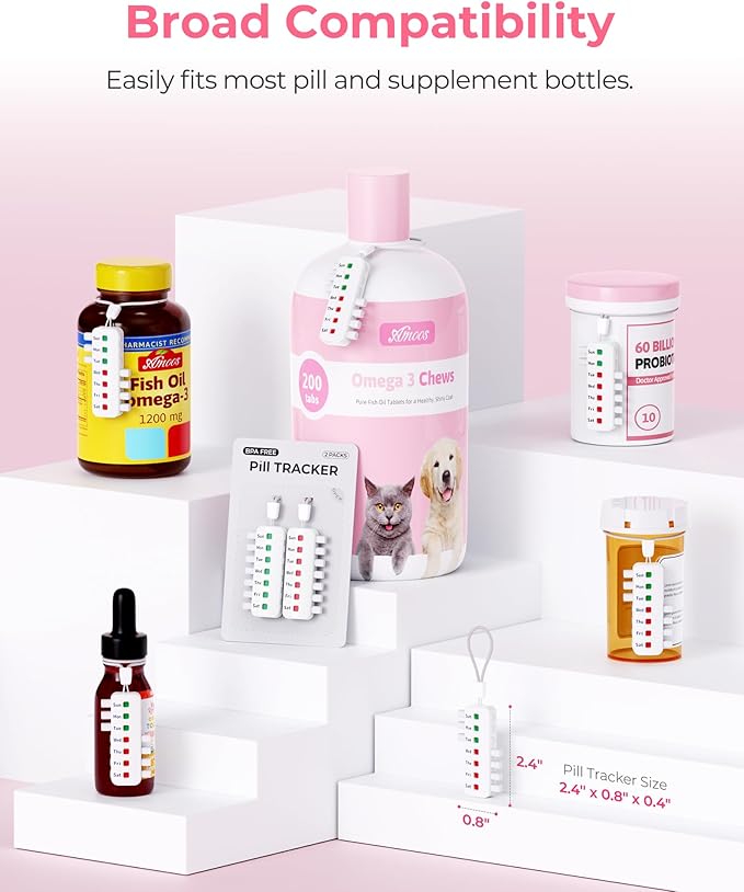Pill Reminder for Easy Tracking Without Refills, Reusable Pill Tracker for Vairous Bottles, Arthritis-Friendly & Anti-Slide Medication Tracker, Compact Medicine Reminder for Pet Meds, White, 2-Pack