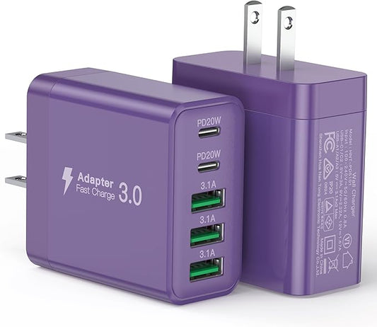 [2-Pack] USB C Wall Charger, 60W Fast USB C Charger Block, 5-Port PD Power Adapter + QC Wall Plug Multiport Type C Charging Block Cube Compatible with iPhone 17 16 15 14 13 12 Pro Max XR XS, Purple