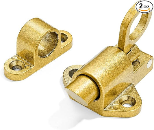 2 Packs Self-Closing Latches，Gold Spring Door Lock，Resilient Bolt Latch Aluminum Alloy Safety Automatic Spring Barrel Slide Door Lock with Screws,Used for Gate,Window and Cabinet etc