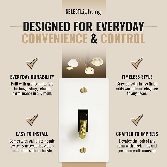 Select 15A 120V AC 1-Gang Toggle Switch, White with Solid Brass Vintage Style Single Pole 3 Way Compatible Wall Mount Toggle Switch, Included Faceplate & Switch Module, UL Listed