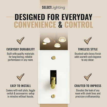 Select 15A 120V AC 1-Gang Toggle Switch, White with Solid Brass Vintage Style Single Pole 3 Way Compatible Wall Mount Toggle Switch, Included Faceplate & Switch Module, UL Listed