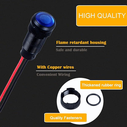 5pcs 10mm LED Indicator Light Plastic Black Signal Dot Lamp 12V-24V 2/5" Mounting Hole Size with 15cm/5.9in. Wire (Blue LED)