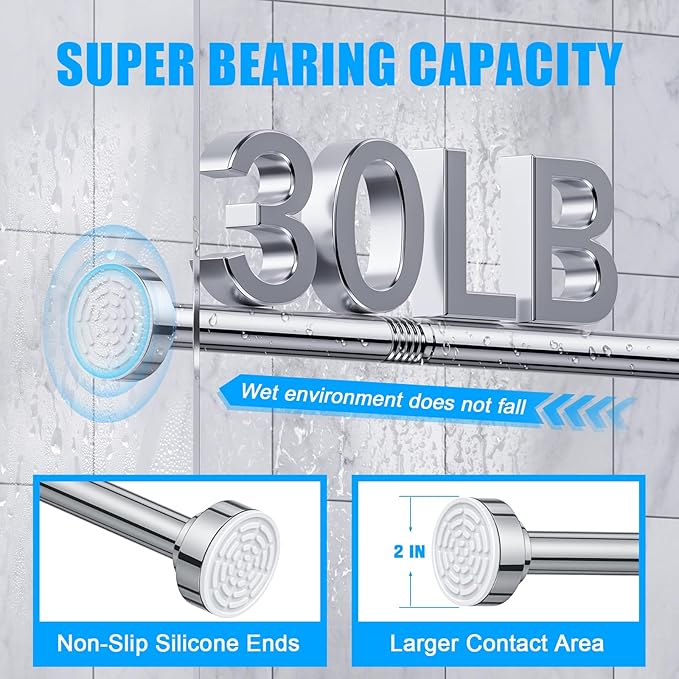 TEECK Shower Curtain Rod, 32-80 inch Adjustable Spring Tension Curtain Rod, Never Rust Anti-Slip Shower Curtain Rod for Bathroom, No Drilling, Never Collapse, Easy to Use, Silver