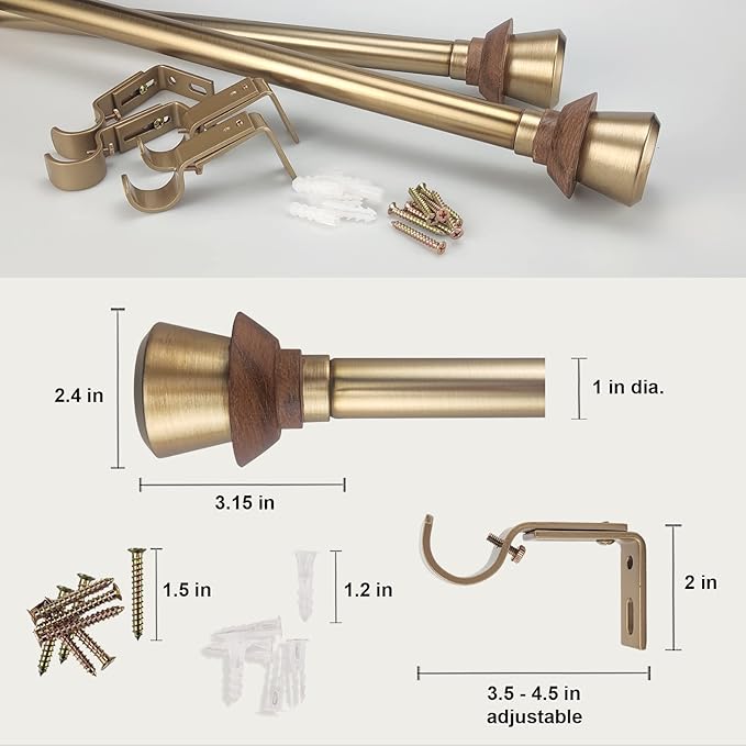 Modern Style Single Curtain Rod Set with Antique Brass Round Wood Look Finial, 36-72 in, Standard Single Whtie Drapery Rod for 1 Pack, 1 in diameter, Adjustable Length