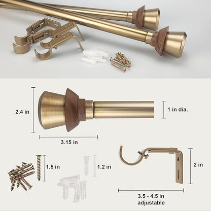 Modern Style Single Curtain Rod Set with Antique Brass Round Wood Look Finial, 36-72 in, Standard Single Whtie Drapery Rod for 1 Pack, 1 in diameter, Adjustable Length
