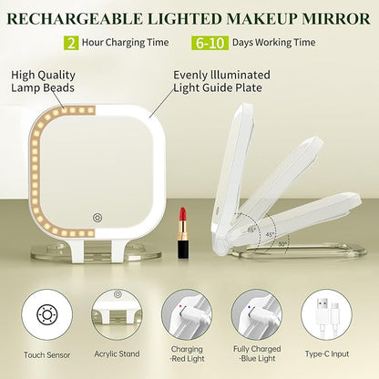 FUNTOUCH 30X Magnification Lighted Makeup Mirror,Double Sided Travel Vanity Mirror with Lights,Rechargeable 3 Color Lights & Adjustable Brightness, 300°Rotation, Foldable Portable for Christmas