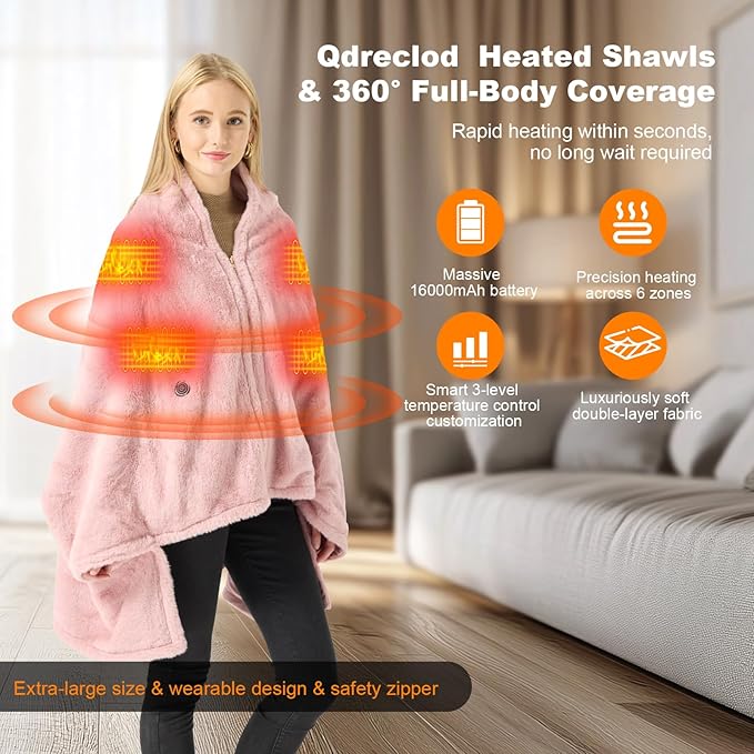 Cordless Heated Blanket Battery Operated with Fleece Lining 7.4V 16000mAh Battery Portable Wearable Heated Shawl for Women Men 6 Heating Zones 3 Fast-Heating Levels (Battery Included)