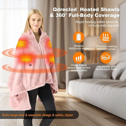 Cordless Heated Blanket Battery Operated with Fleece Lining 7.4V 16000mAh Battery Portable Wearable Heated Shawl for Women Men 6 Heating Zones 3 Fast-Heating Levels (Battery Included)