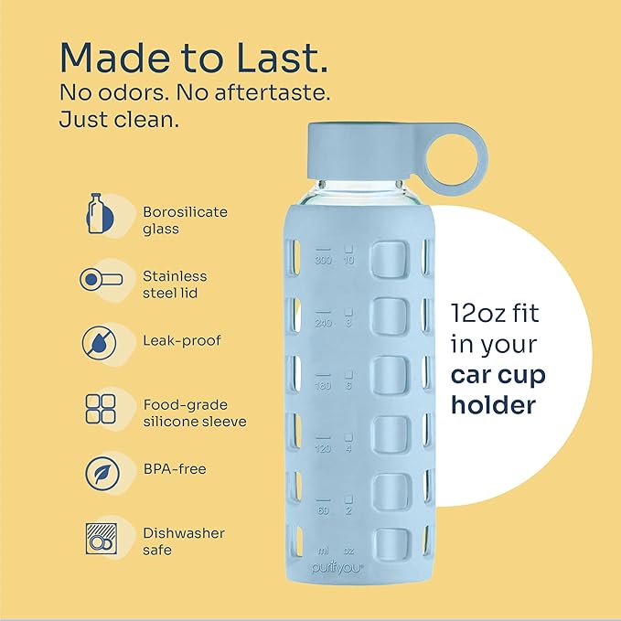 purifyou 40oz / 32oz / 22oz / 12oz Borosilicate Glass Water Bottle with Time & Volume Markers, Silicone Sleeve, Stainless Steel Lid | Reusable Glass Bottle for Water & Juice (12oz Ice Blue)