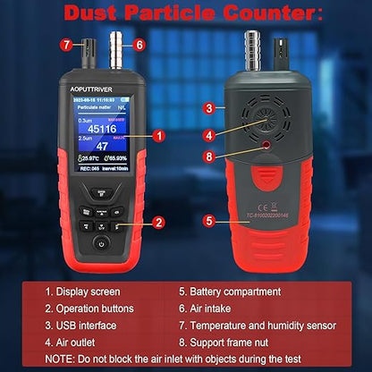 Portable Particle Counter, Handheld Dust Monitor 1000μg/m³PM2.5 Detects 6-Channel 0.3μm-10μm Particles, 14644-ISO9 Level Standard Air Pollution Monitor w/Temp & Humidity for Indoor Cleanroom