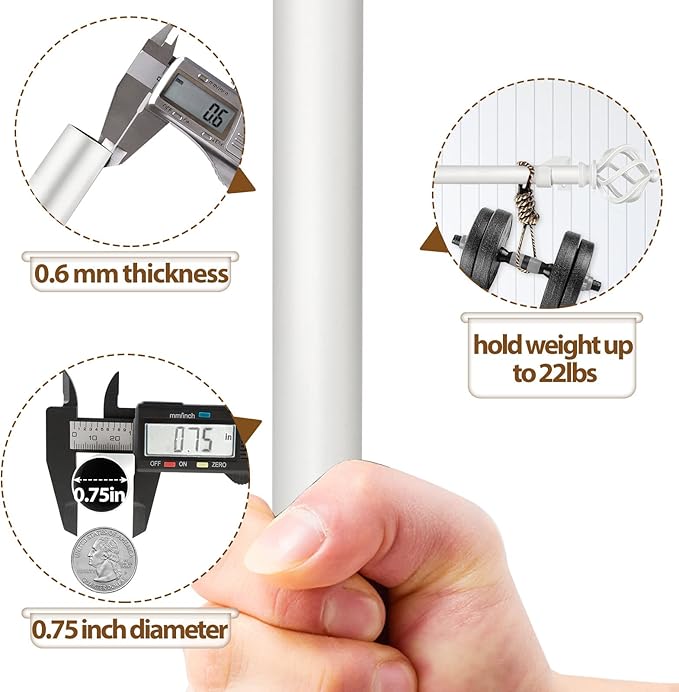 KAMANINA Curtain Rods for Windows 66 to 120 Inch, 3/4 Inch White Curtain Rod 32 to 115 Inches (2.6-9.6ft) Splicing Adjustable Single Drapery Rod with Twisted Cage Finial