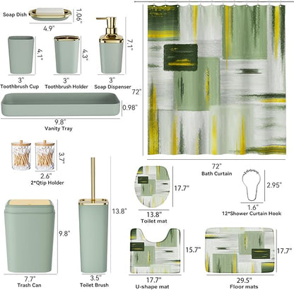 Bathroom Accessories Set - 25PC Bathroom Set with Shower Curtain and Rugs, Sage Green Bathroom Set, Bathroom Accessory Set with Press-on Lid Trash Can, Soap Dispenser and Qtip Holders