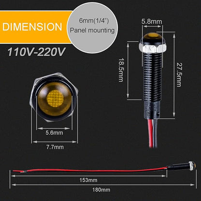 5pcs 6mm LED Indicator Light Plastic Black Signal Dot Lamp 110-220VAC 1/4" Mounting Hole Size with 15cm/5.9in. Wire (Yellow LED)