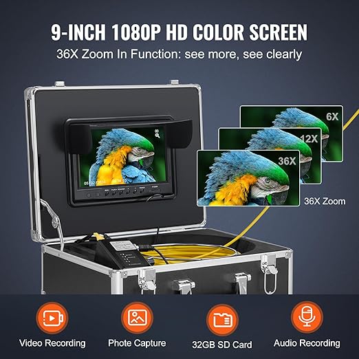 VEVOR Sewer Camera with 512Hz Locator, 98 ft/30 m, 9" Drain Inspection Camera with Self-Leveling, 36X Zoom, Plumbing Camera with Lights-12 LED, 32GB Card, IP68 Waterproof Snake Camera for Duct Pipe