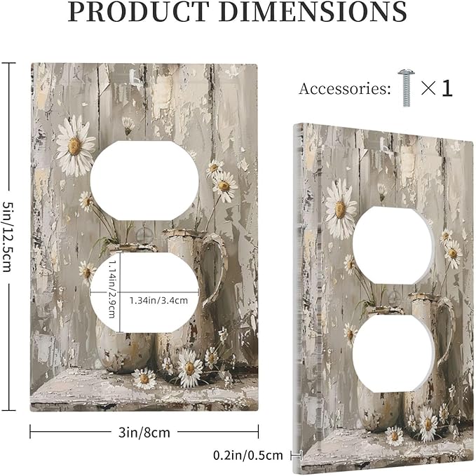 Outlet Covers Vintage Rustic Floral White Daisy Flower Oil Painting Style 1 Gang Duplex Wall Plate Decorative Switch Plates Electrical Receptacle Faceplate Light Switch Cover for Home