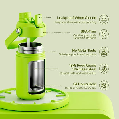 Kids Insualated Water Bottle with Straw - 12oz Stainless Steel Water Bottle with Dual Spouts, Leak-Proof, BPA-Free, Double Wall Vacuum Keeps Cold for 24 Hours for Sports, Travel, School (Sharp Green)
