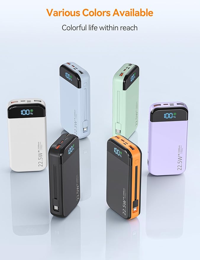 Portable Charger Power Bank Built-in Cables, 32000mAh 22.5W USB C Fast Charging, 5 Outputs 3 Inputs Travel Essentials Battery Pack Compatible with iPhone, iPad, Samsung, Google Pixel, Orange