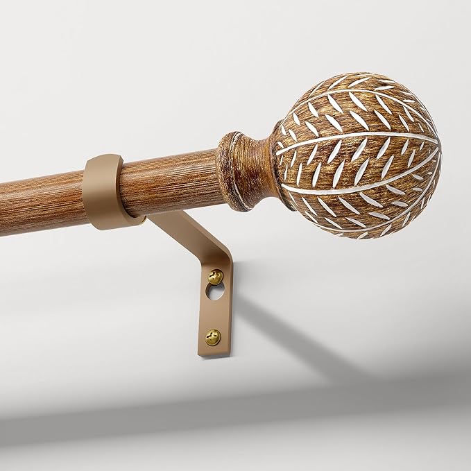 Imitation Wood Grain Ball Curtain Rods for Windows 66 to 120 Inch,1 Inch Heavy Duty Adjustable Wood Curtain Rod,Boho Decorative Drapery Rods Set with Brackets,Size:36''-120''